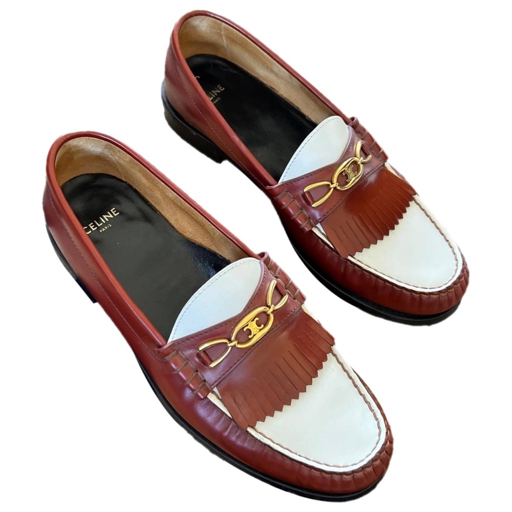 Celine Brown and White Loafers with Gold Accent